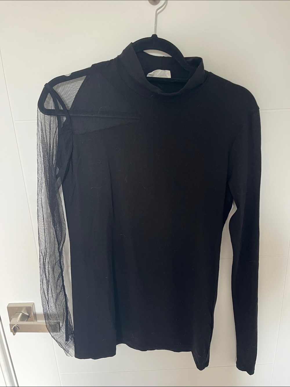 Marcella Large Sheer Sleeve Black Mock Neck Top